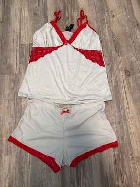 Women's Cream Cami & Short Sleep Set with Red Lace Trim